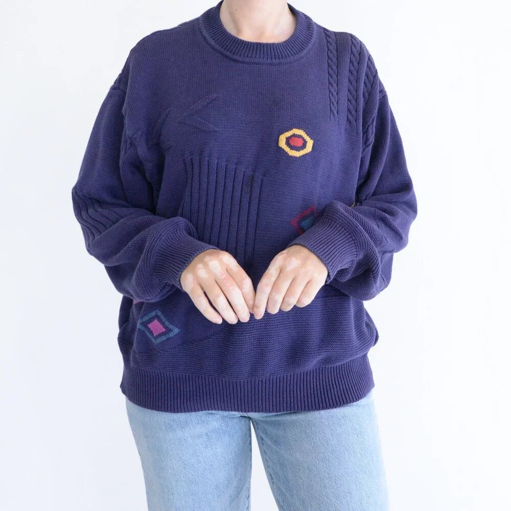Vintage Jockey Euroline Navy Knit Geometric Shapes Crewneck Sweater L - Picture 2 of 12